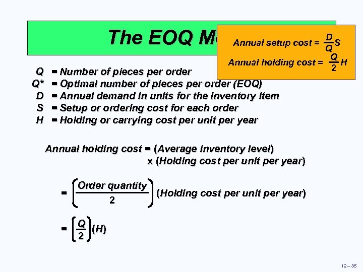 D The EOQ Model setup cost = Q S Annual Q Q* D S