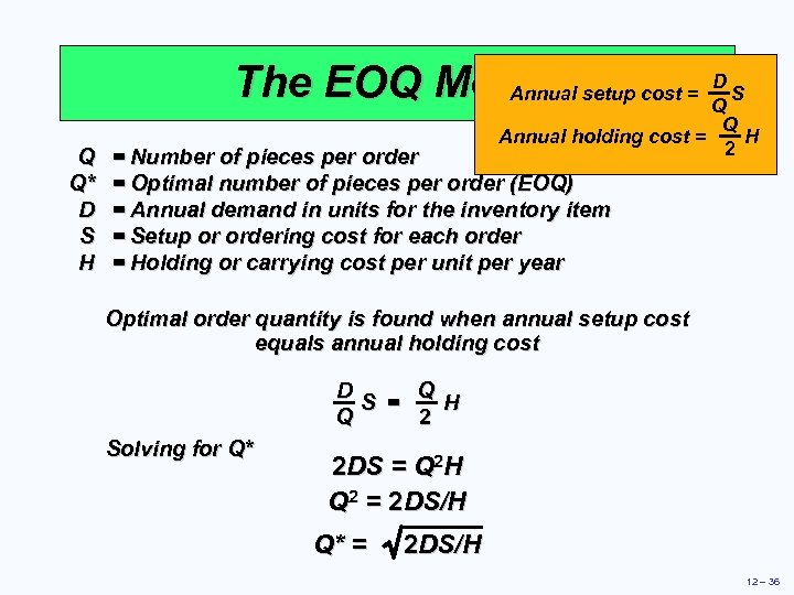 D The EOQ Model setup cost = Q S Annual Q Q* D S