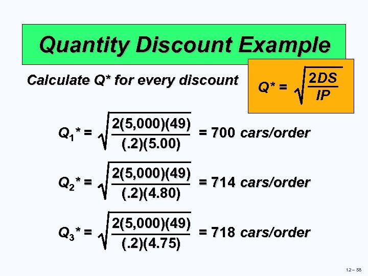 Quantity Discount Example Calculate Q* for every discount Q* = 2 DS IP Q