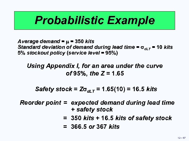 Probabilistic Example Average demand = m = 350 kits Standard deviation of demand during