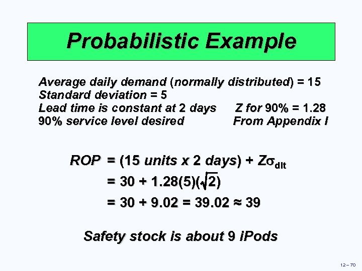 Probabilistic Example Average daily demand (normally distributed) = 15 Standard deviation = 5 Lead