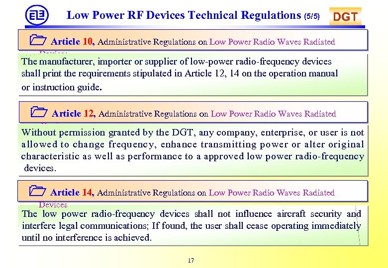 Low Power RF Devices Technical Regulations (5/5) DGT Article 10, Administrative Regulations on Low