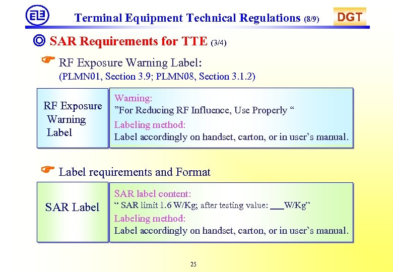 Terminal Equipment Technical Regulations (8/9) DGT ◎ SAR Requirements for TTE (3/4) RF Exposure