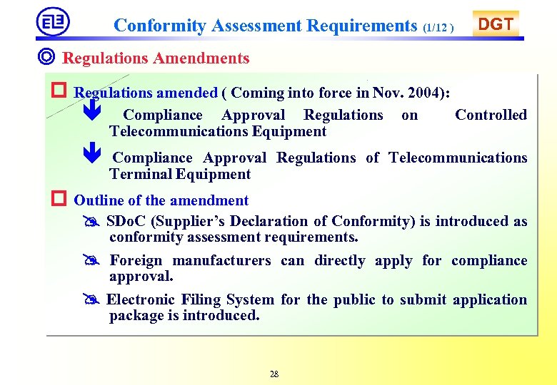 Conformity Assessment Requirements (1/12 ) DGT ◎ Regulations Amendments Regulations amended ( Coming into