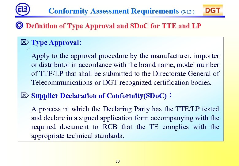 Conformity Assessment Requirements (3/12 ) DGT ◎ Definition of Type Approval and SDo. C