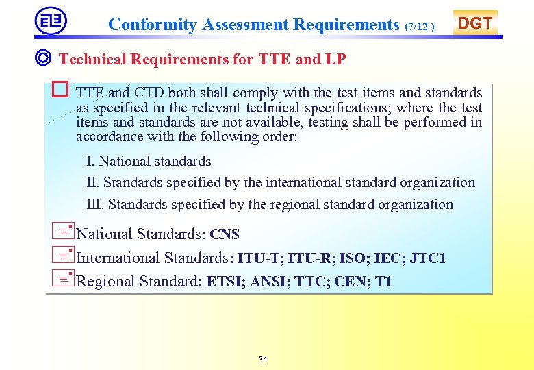 Conformity Assessment Requirements (7/12 ) DGT ◎ Technical Requirements for TTE and LP o