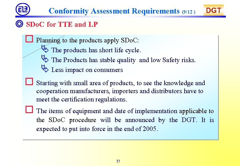 Conformity Assessment Requirements (9/12 ) DGT ◎ SDo. C for TTE and LP o