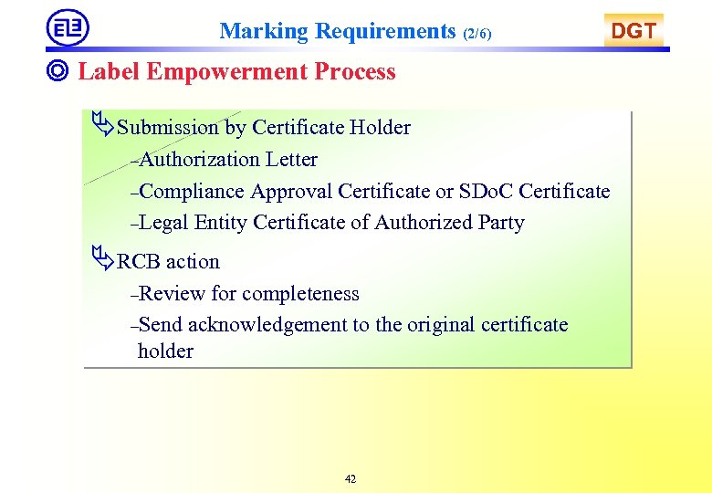 Marking Requirements (2/6) DGT ◎ Label Empowerment Process ÄSubmission by Certificate Holder –Authorization Letter