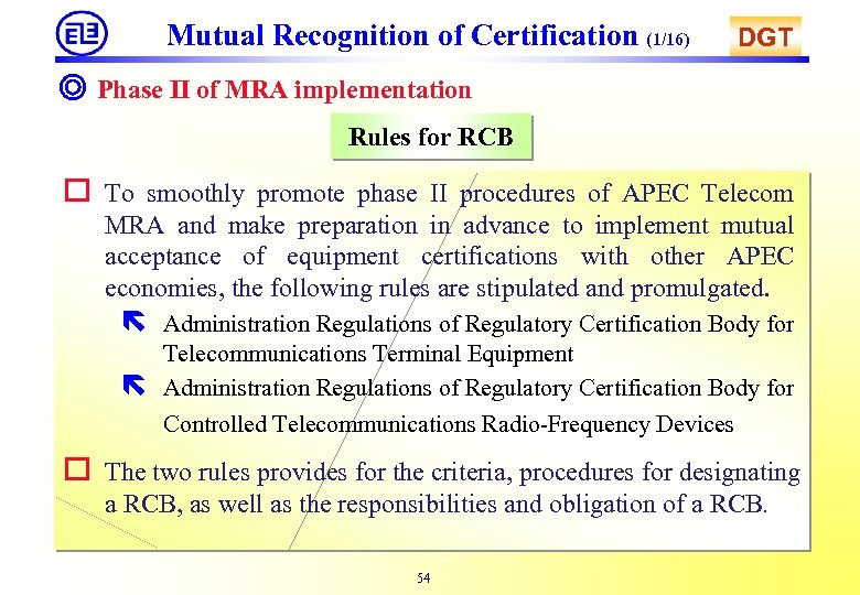 Mutual Recognition of Certification (1/16) DGT ◎ Phase II of MRA implementation Rules for