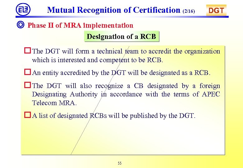 Mutual Recognition of Certification (2/16) DGT ◎ Phase II of MRA implementation Designation of