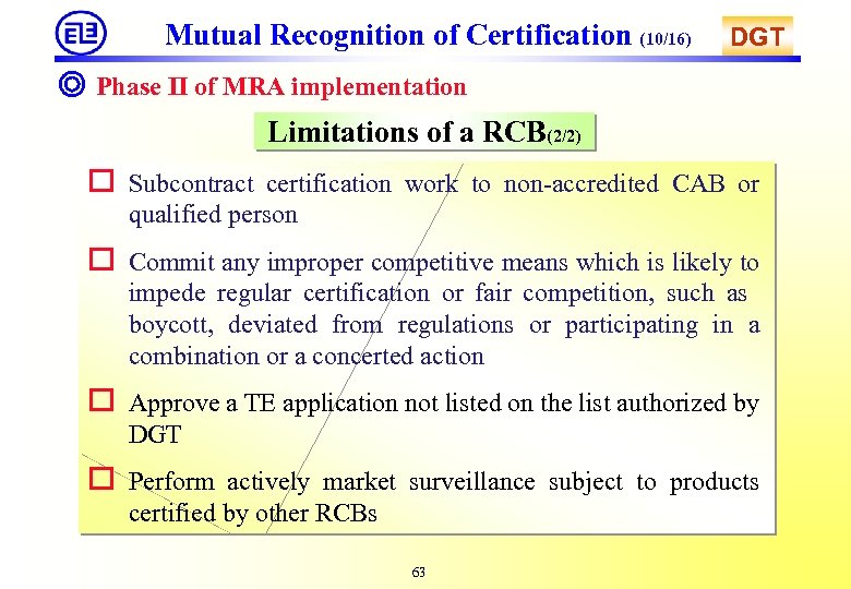 Mutual Recognition of Certification (10/16) DGT ◎ Phase II of MRA implementation Limitations of