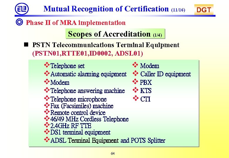 Mutual Recognition of Certification (11/16) ◎ Phase II of MRA implementation Scopes of Accreditation