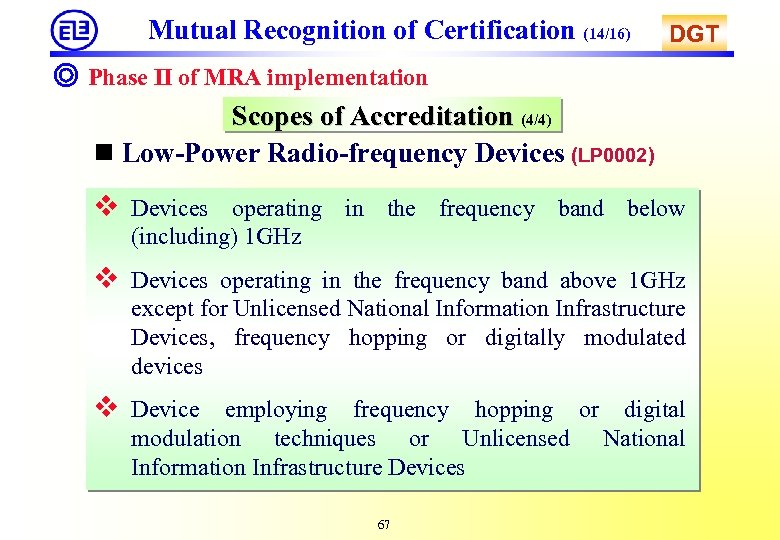 Mutual Recognition of Certification (14/16) DGT ◎ Phase II of MRA implementation Scopes of