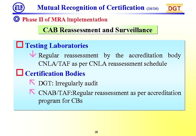 Mutual Recognition of Certification (16/16) DGT ◎ Phase II of MRA implementation CAB Reassessment
