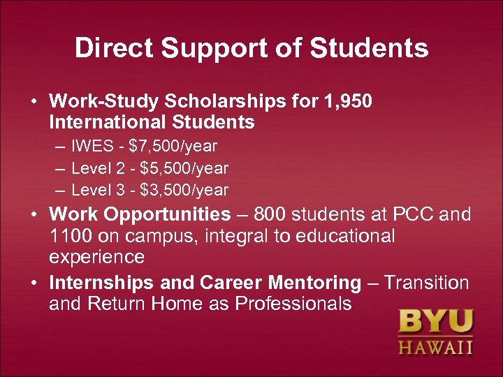 Direct Support of Students • Work-Study Scholarships for 1, 950 International Students – IWES