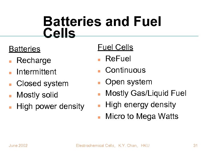Batteries and Fuel Cells Batteries n Recharge n Intermittent n Closed system n Mostly