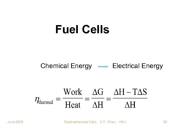 Fuel Cells Chemical Energy June 2002 Electrical Energy Electrochemical Cells, K. Y. Chan, HKU