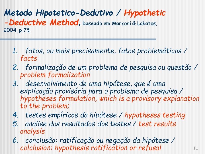 Metodo Hipotetico-Dedutivo / Hypothetic -Deductive Method, baseado em Marconi & Lakatos, 2004, p. 75.