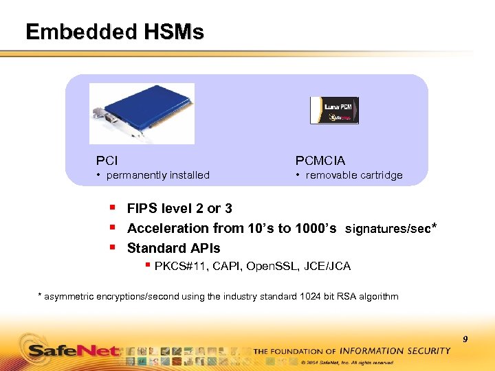 Embedded HSMs PCI PCMCIA • permanently installed • removable cartridge § FIPS level 2