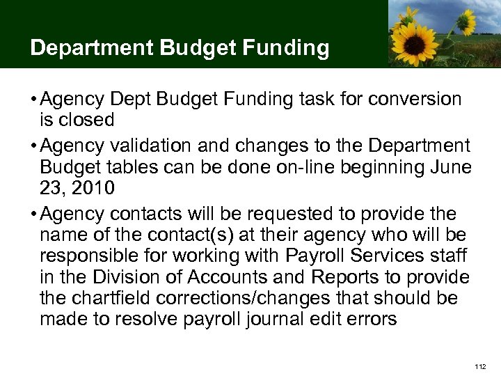 Department Budget Funding • Agency Dept Budget Funding task for conversion is closed •