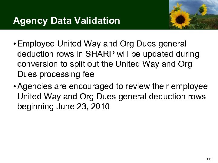 Agency Data Validation • Employee United Way and Org Dues general deduction rows in