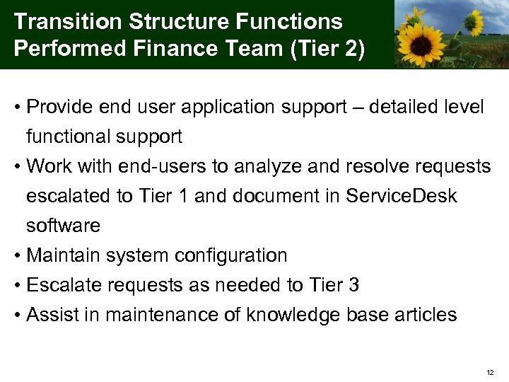 Transition Structure Functions Performed Finance Team (Tier 2) • Provide end user application support