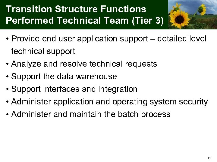 Transition Structure Functions Performed Technical Team (Tier 3) • Provide end user application support