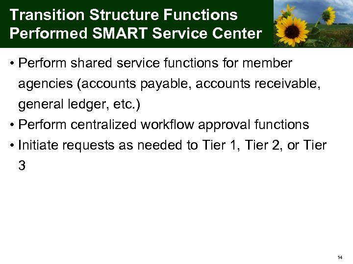 Transition Structure Functions Performed SMART Service Center • Perform shared service functions for member