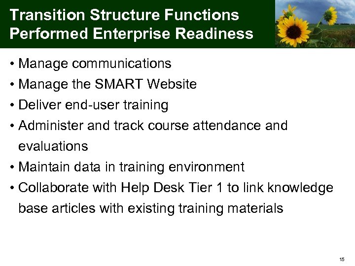 Transition Structure Functions Performed Enterprise Readiness • Manage communications • Manage the SMART Website