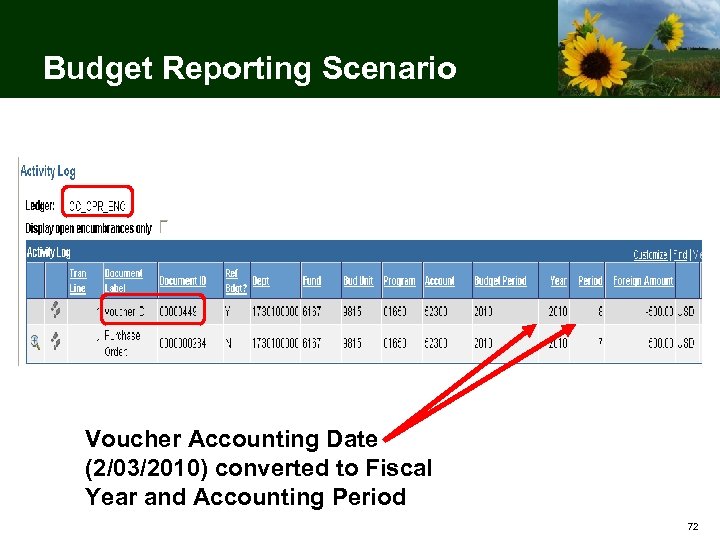 Budget Reporting Scenario Voucher Accounting Date (2/03/2010) converted to Fiscal Year and Accounting Period