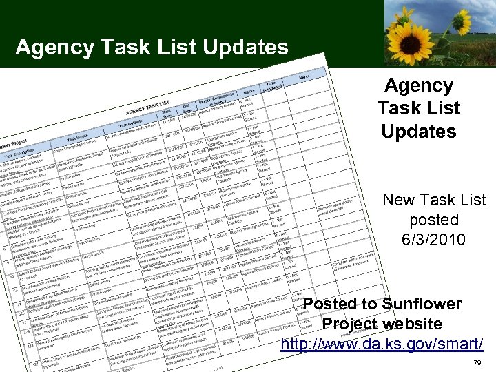 Agency Task List Updates New Task List posted 6/3/2010 Posted to Sunflower Project website
