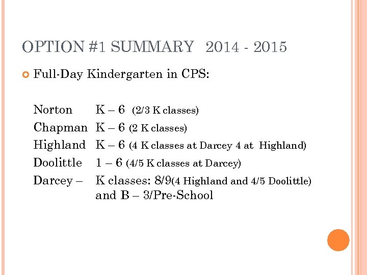 OPTION #1 SUMMARY 2014 - 2015 Full-Day Kindergarten in CPS: Norton Chapman Highland Doolittle