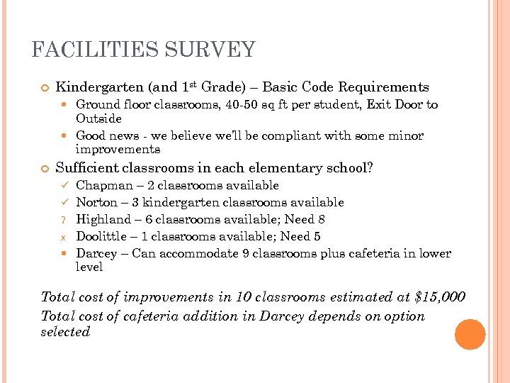 FACILITIES SURVEY Kindergarten (and 1 st Grade) – Basic Code Requirements Ground floor classrooms,