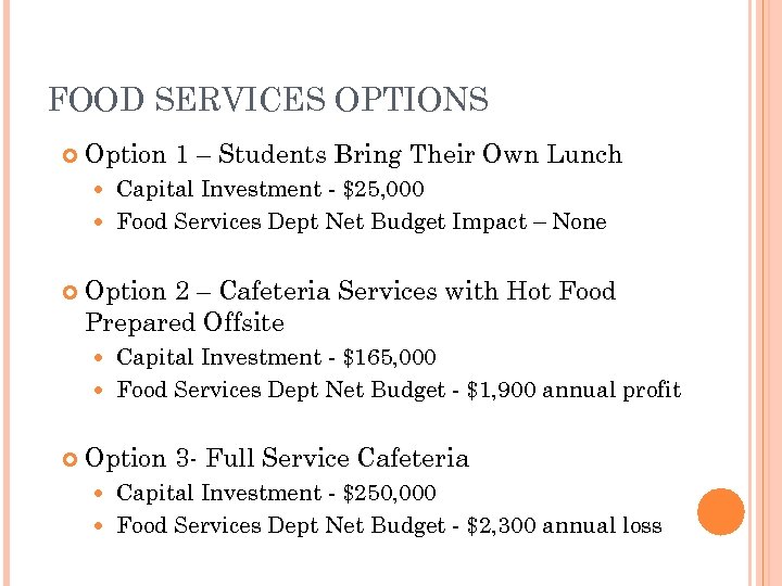 FOOD SERVICES OPTIONS Option 1 – Students Bring Their Own Lunch Capital Investment -