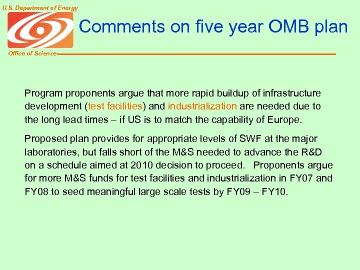 U. S. Department of Energy Comments on five year OMB plan Office of Science