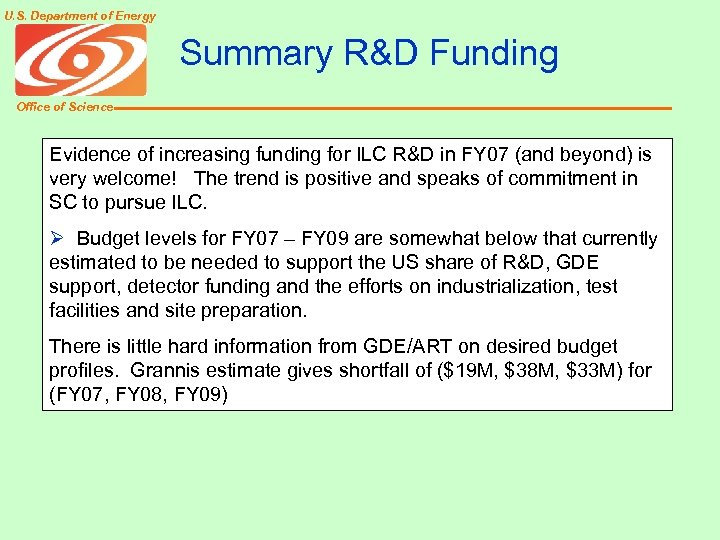 U. S. Department of Energy Summary R&D Funding Office of Science Evidence of increasing