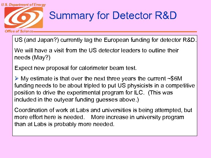 U. S. Department of Energy Summary for Detector R&D Office of Science US (and