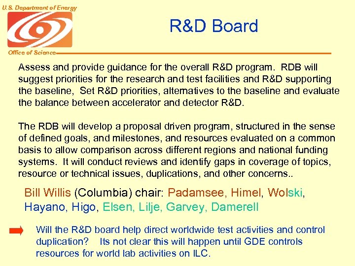 U. S. Department of Energy R&D Board Office of Science Assess and provide guidance
