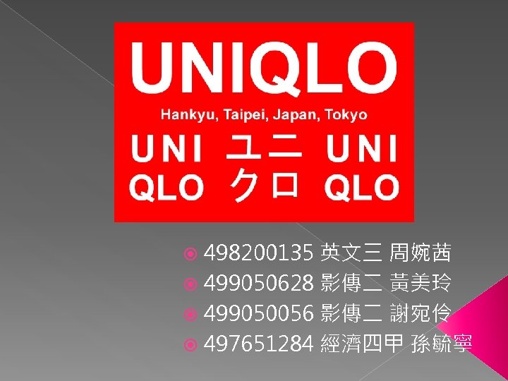 498200135 英文三 周婉茜 499050628 影傳二 黃美玲 499050056 影傳二 謝宛伶 497651284 經濟四甲 孫毓寧 