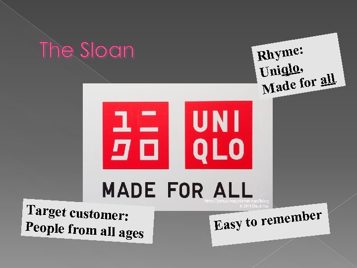 The Sloan Target customer: People from all age s Rhyme: niqlo, U for all.