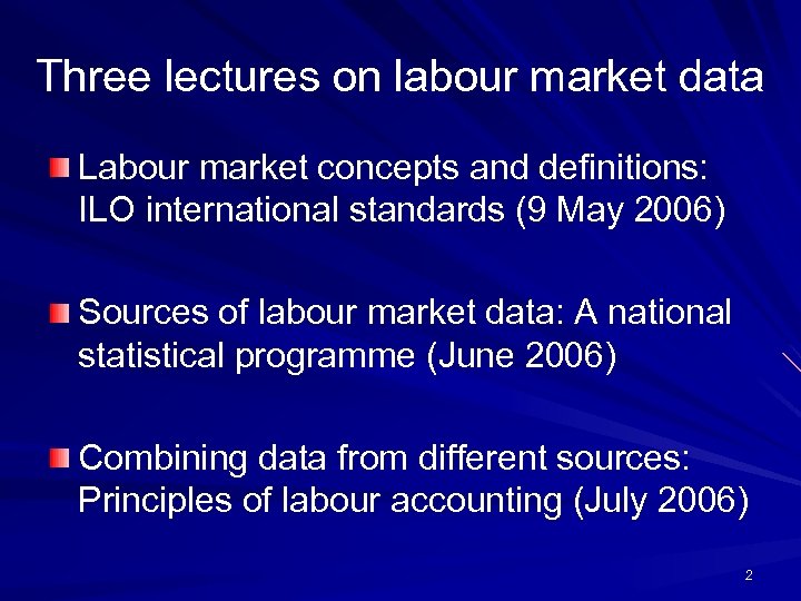 Three lectures on labour market data Labour market concepts and definitions: ILO international standards