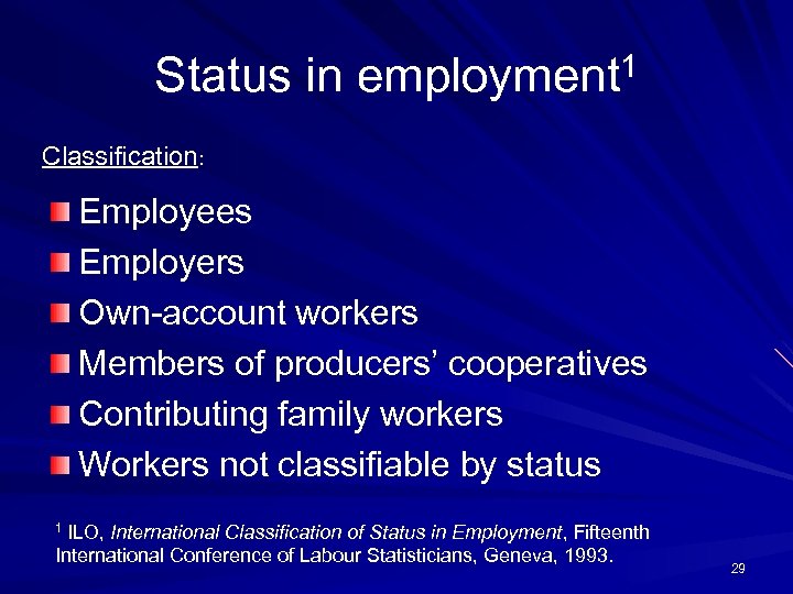 Status in employment 1 Classification: Employees Employers Own-account workers Members of producers’ cooperatives Contributing