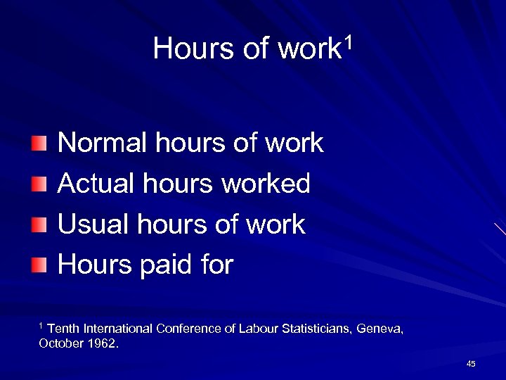 Hours of work 1 Normal hours of work Actual hours worked Usual hours of