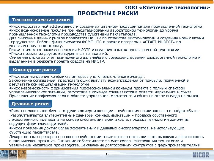 ООО «Клеточные технологии» ПРОЕКТНЫЕ РИСКИ Технологические риски • Риск недостаточной эффективности созданных штаммов-продуцентов для