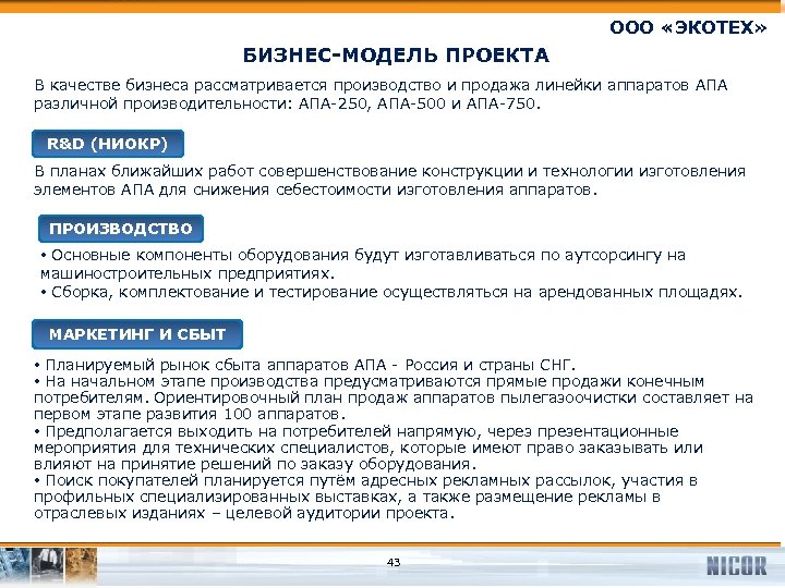 ООО «ЭКОТЕХ» БИЗНЕС-МОДЕЛЬ ПРОЕКТА В качестве бизнеса рассматривается производство и продажа линейки аппаратов АПА