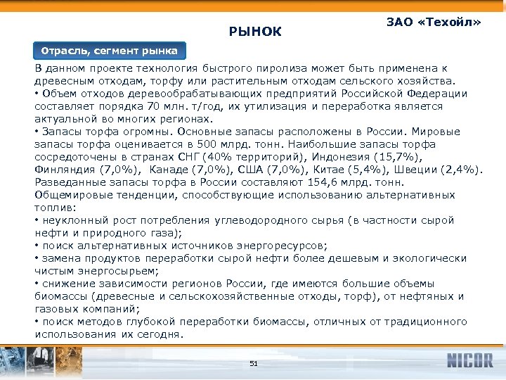 РЫНОК ЗАО «Техойл» Отрасль, сегмент рынка В данном проекте технология быстрого пиролиза может быть