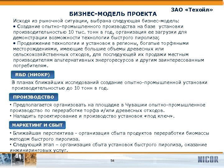 БИЗНЕС-МОДЕЛЬ ПРОЕКТА ЗАО «Техойл» Исходя из рыночной ситуации, выбрана следующая бизнес-модель: • Создание опытно-промышленного