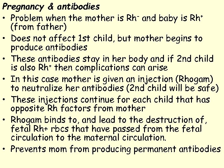 Pregnancy & antibodies • Problem when the mother is Rh- and baby is Rh+
