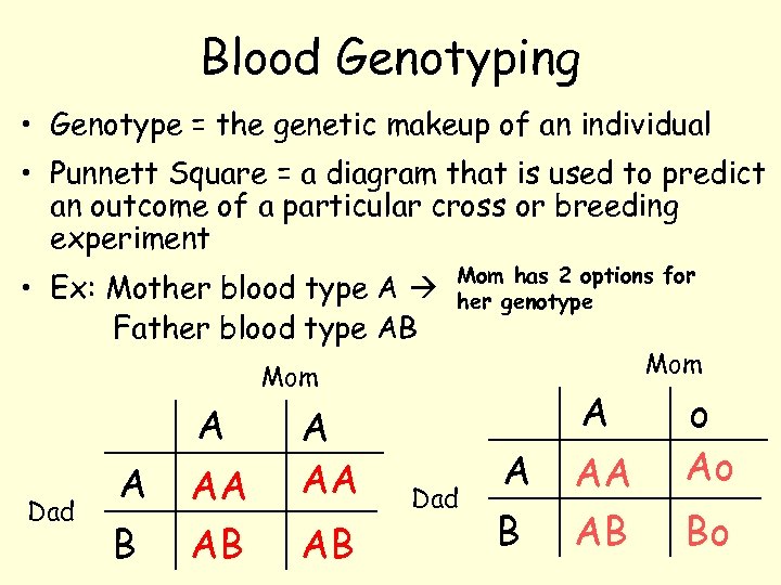 Blood Genotyping • Genotype = the genetic makeup of an individual • Punnett Square