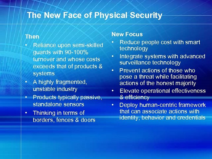 The New Face of Physical Security Then • Reliance upon semi-skilled guards with 90